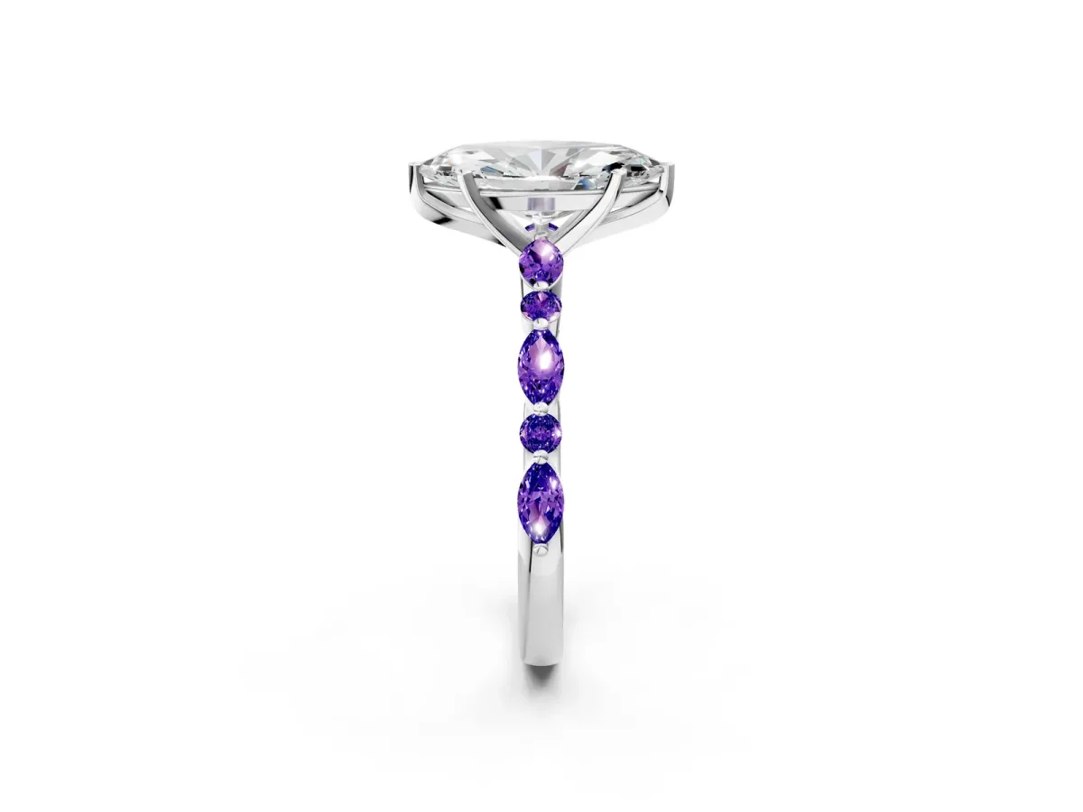 Marquise Cut Diamond Ring with Marquise and Round Tanzanite Side Stones and Four-Prong Setting Platinum