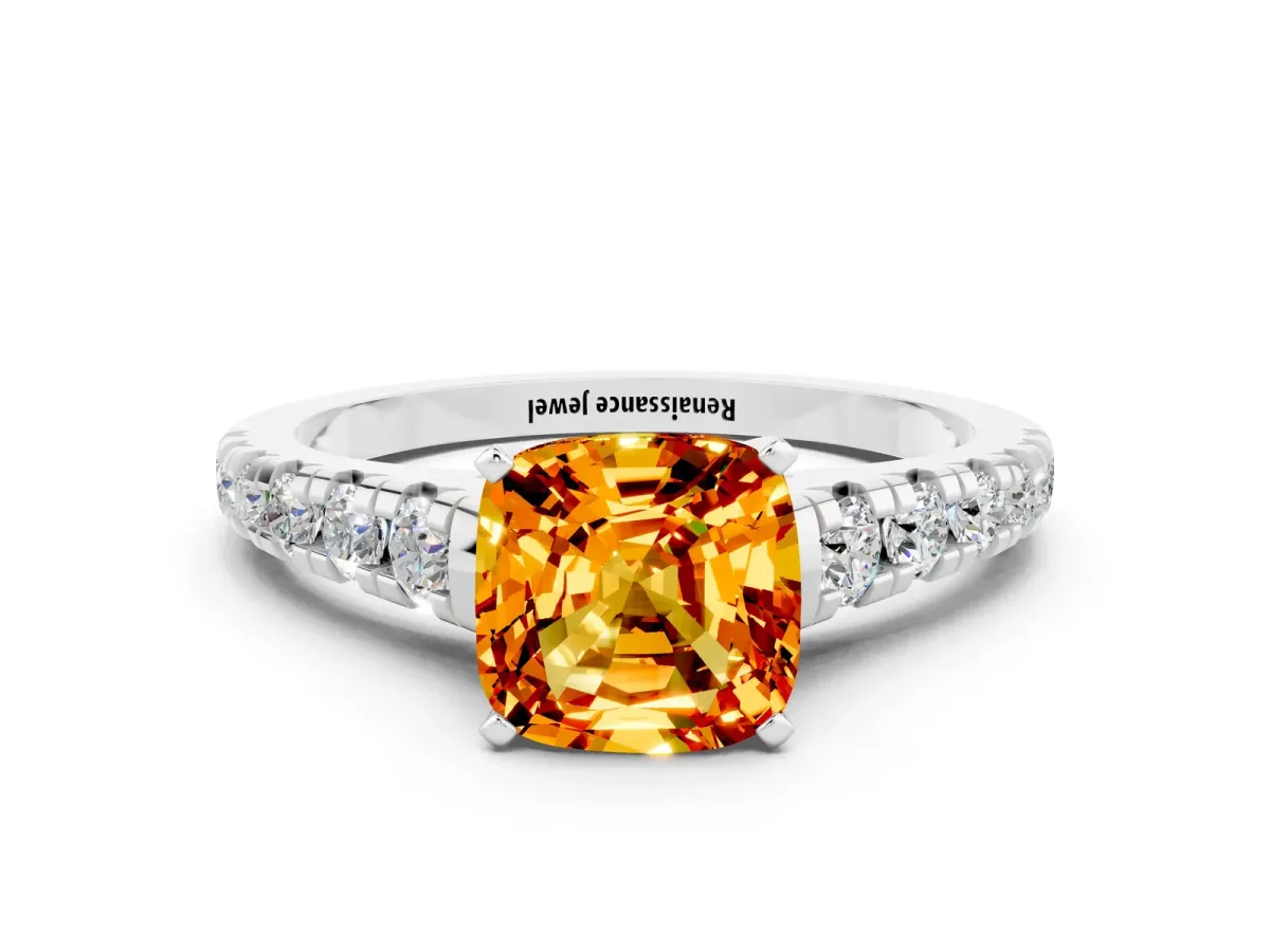 Cushion Cut Citrine Cathedral Solitaire Ring with Round Pavé Band Platinum