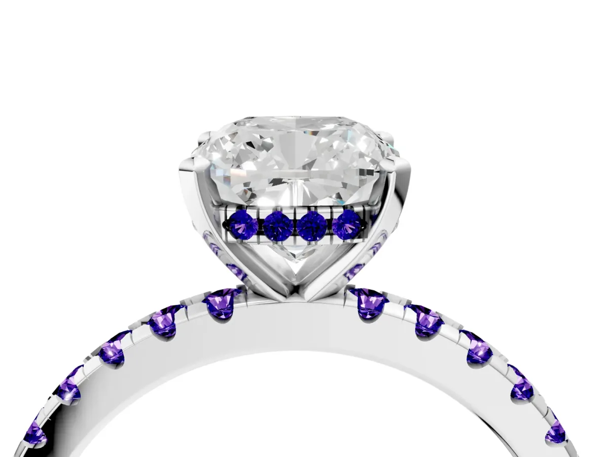 Cushion Cut Diamond Solitaire Ring with Round Tanzanite Pavé Band and Four-Prong Setting Silver