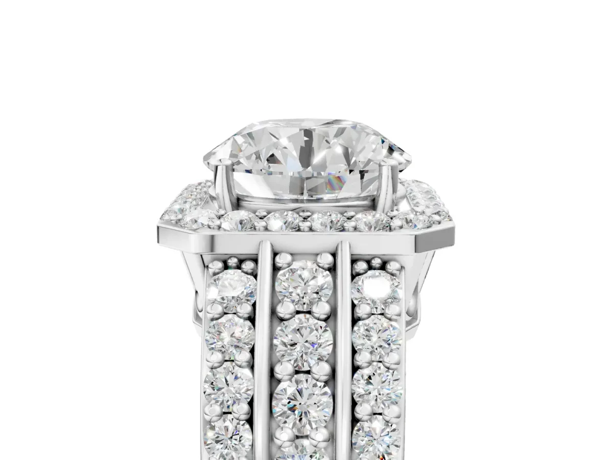 Round Cut Halo Diamond Ring with Round Tanzanite Split Shank and Prong Setting Silver