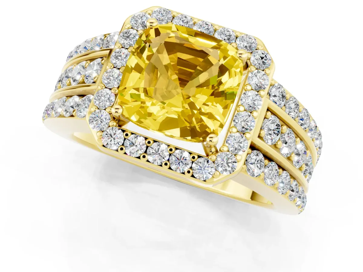 Cushion Cut Halo Yellow Sapphire Ring with Round Split Shank and Prong Setting Yellow gold