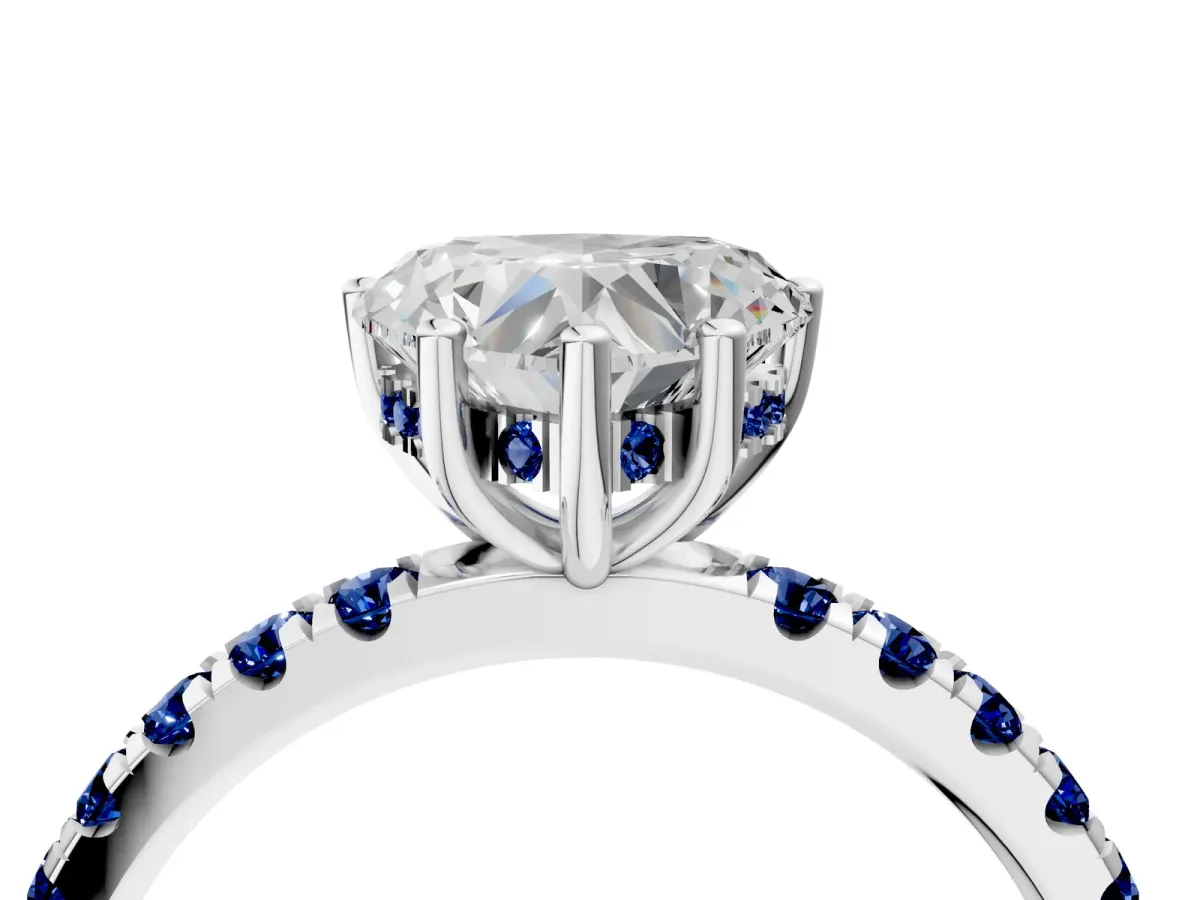 Heart Cut Diamond Pave Band Solitaire Ring with Round Blue Sapphire and Prong Setting Platinum