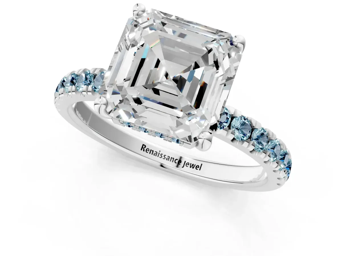 Asscher Cut Diamond Pave Band Solitaire Ring with Round Aquamarine and Prong Setting Platinum