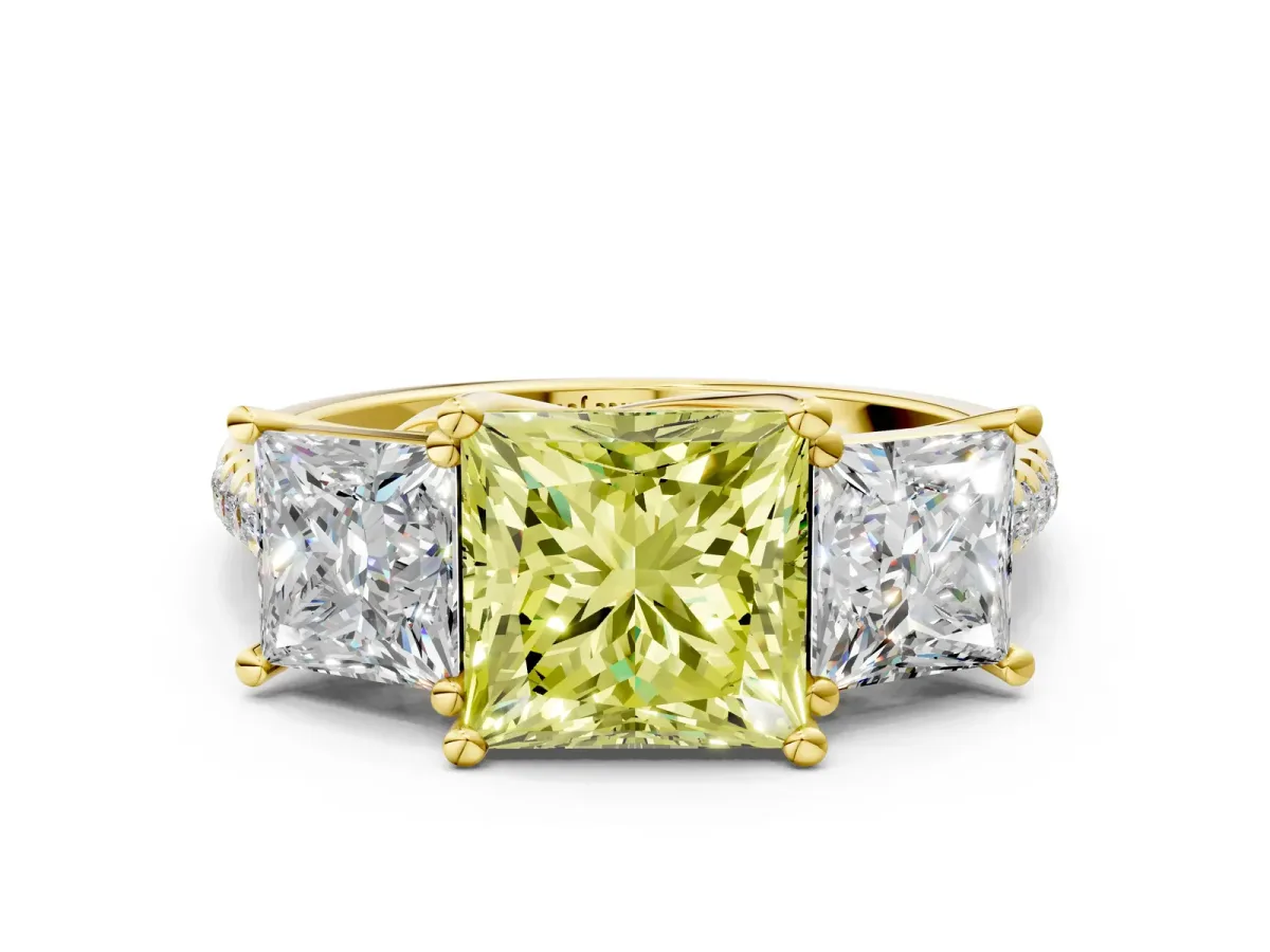 Fancy Yellow Three-Stone Princess Cut Diamond Ring with Round Pavé Band and Prong Setting Yellow gold