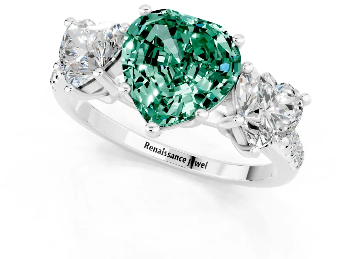 Three-Stone Heart Cut Green Sapphire Ring with Round Pavé Band and Prong Setting Silver