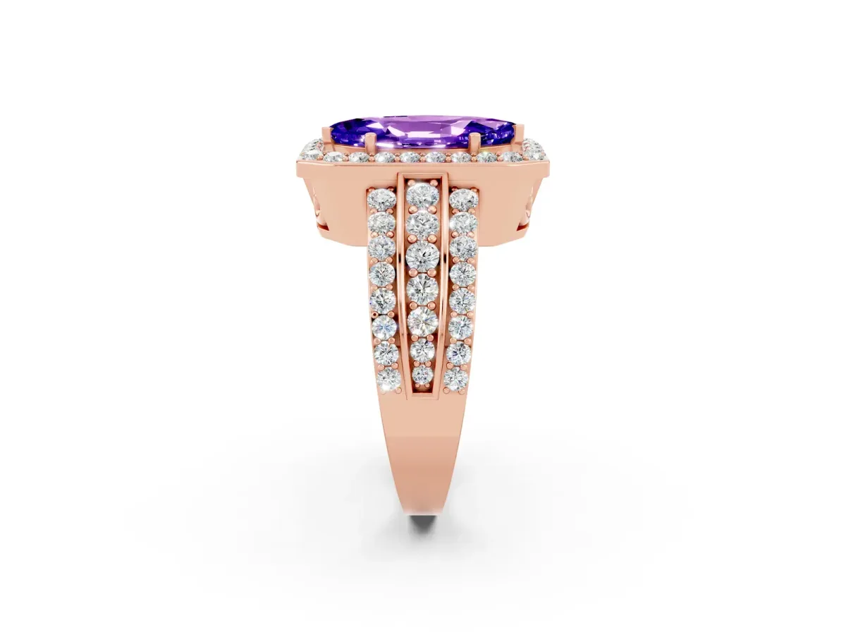 Marquise Cut Halo Tanzanite Ring with Round Split Shank and Prong Setting Rose gold