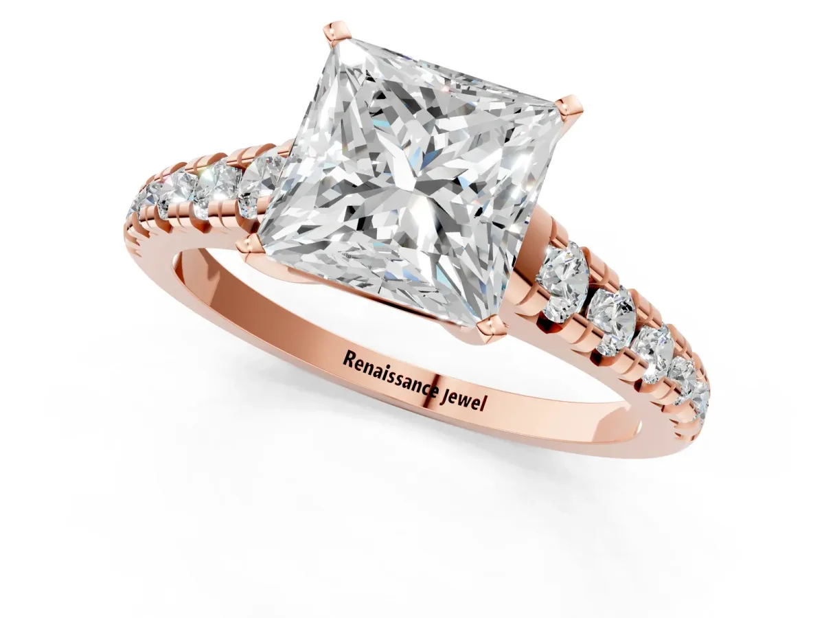 Princess Cut Diamond Cathedral Solitaire Ring with Round Pavé Band Rose gold