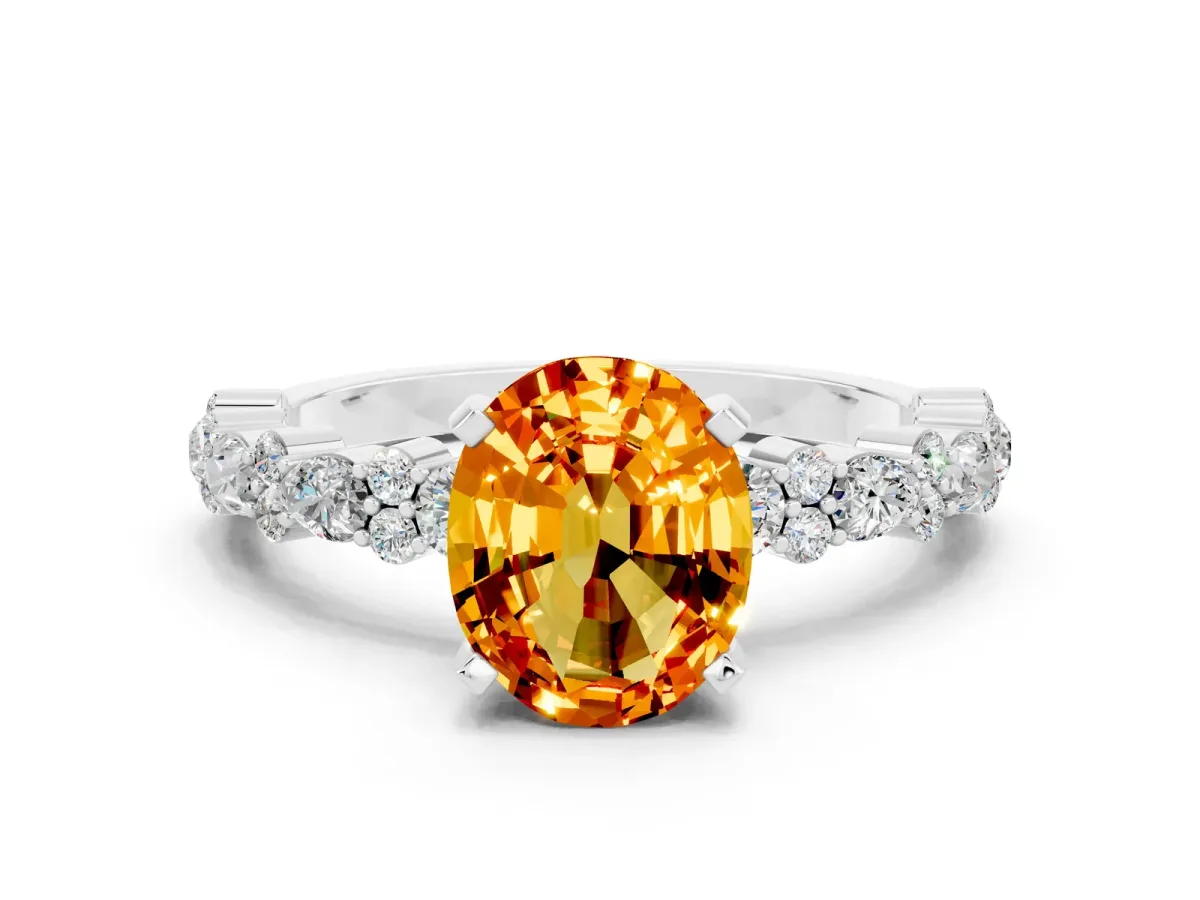 Oval Cut Citrine Side Stone Solitaire Ring with Round and Four-Prong Setting White gold