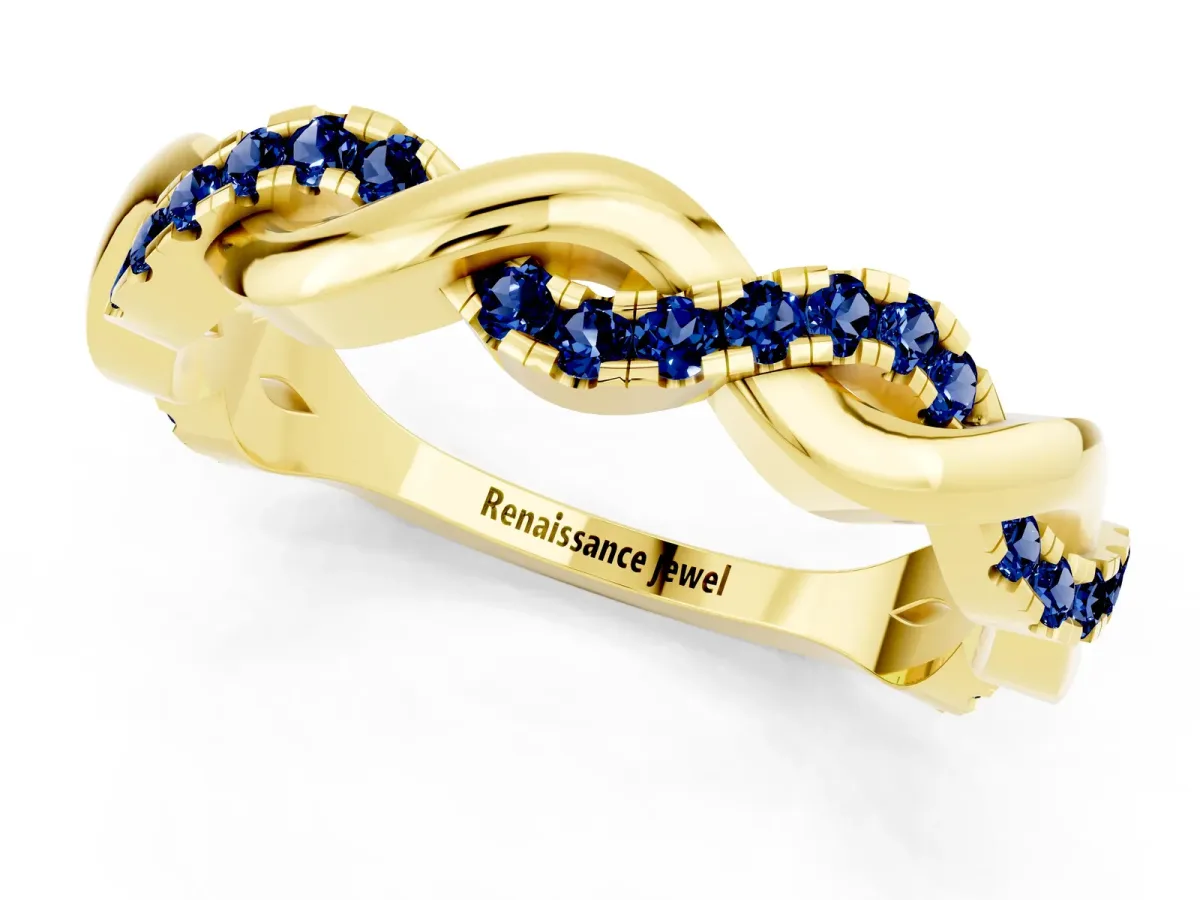 Pavé Round Blue Sapphire Twist Eternity Band with Shared Prong Setting Yellow gold