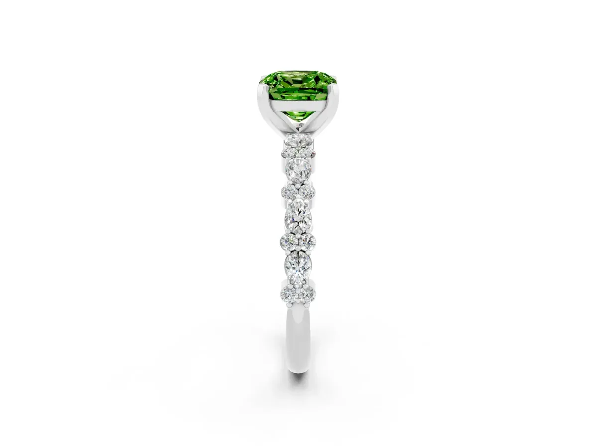 Cushion Cut Peridot Side Stone Solitaire Ring with Round and Four-Prong Setting Silver