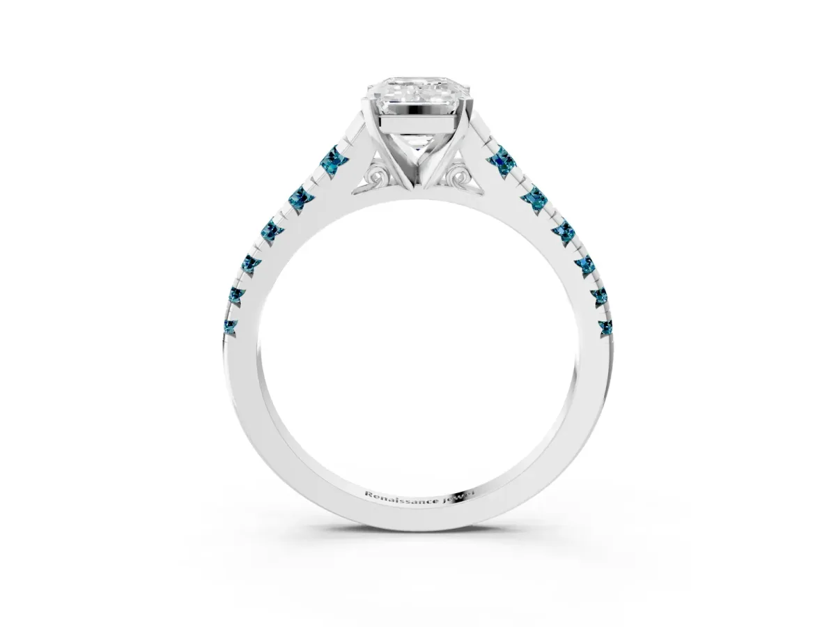 Emerald Cut Diamond Cathedral Solitaire Ring with Round Blue Topaz Pavé Band White gold