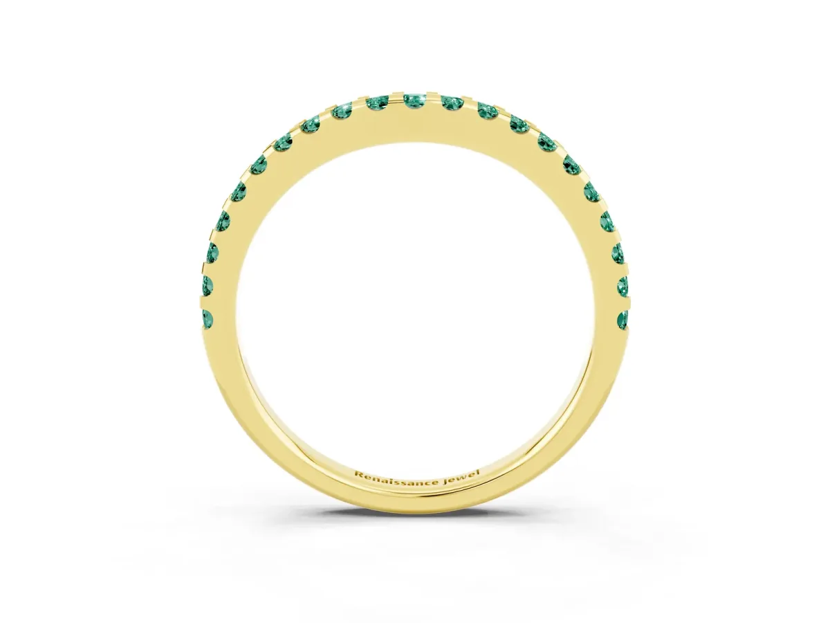 Round Green Sapphire Pavé Curved Wedding Band Yellow gold
