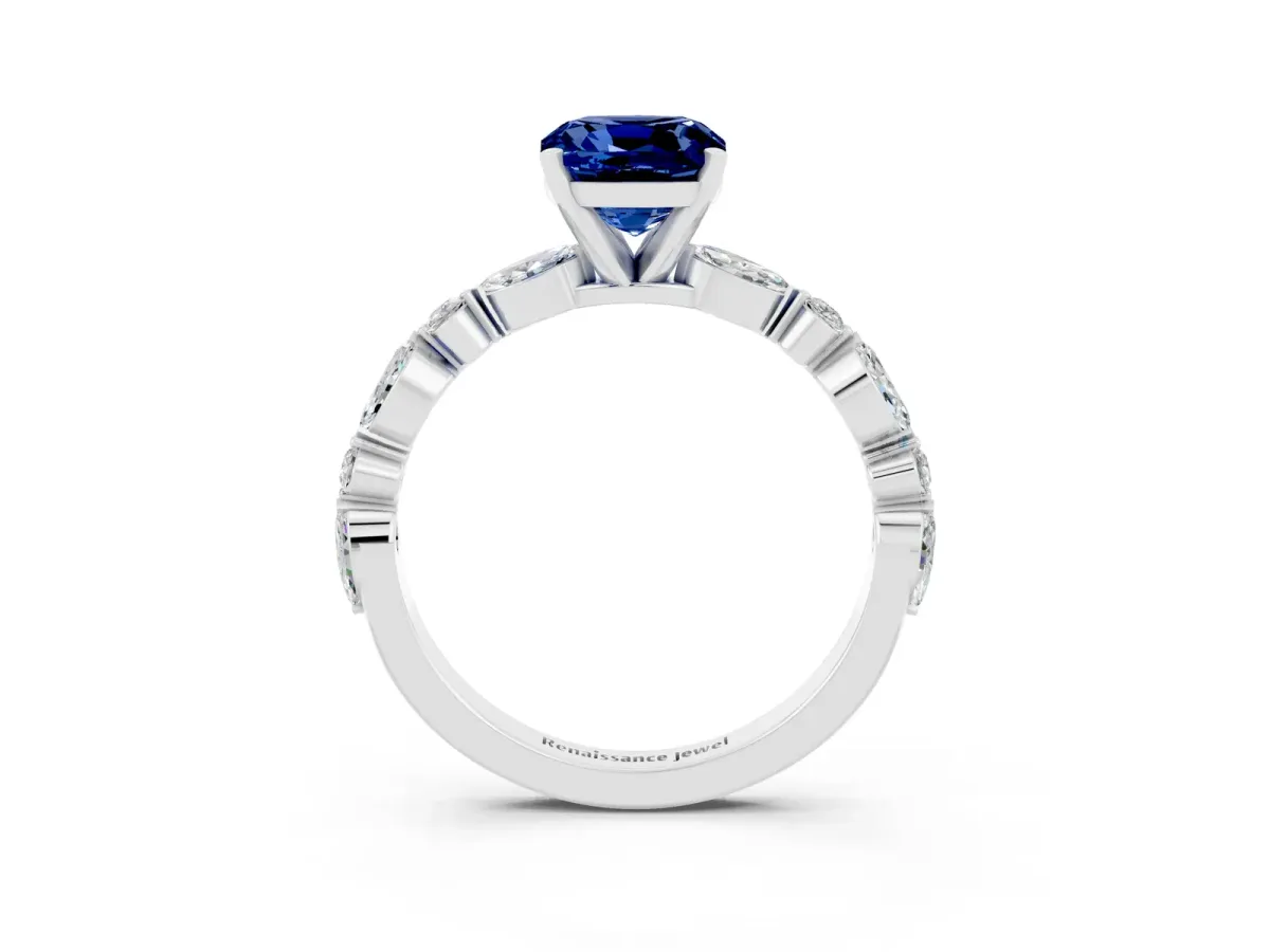 Cushion Cut Blue Sapphire Ring with Marquise and Round Side Stones and Four-Prong Setting Silver