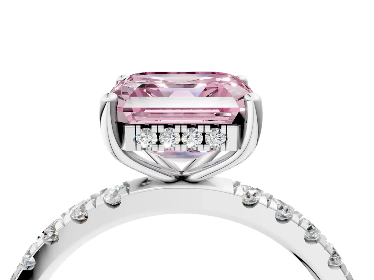 Fancy Pink Asscher Cut Diamond Pave Band Solitaire Ring with Round and Prong Setting Platinum