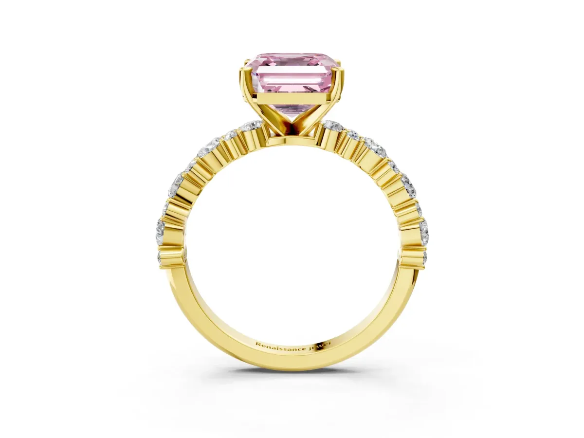Fancy Pink Asscher Cut Diamond Side Stone Solitaire Ring with Round and Four-Prong Setting Yellow gold