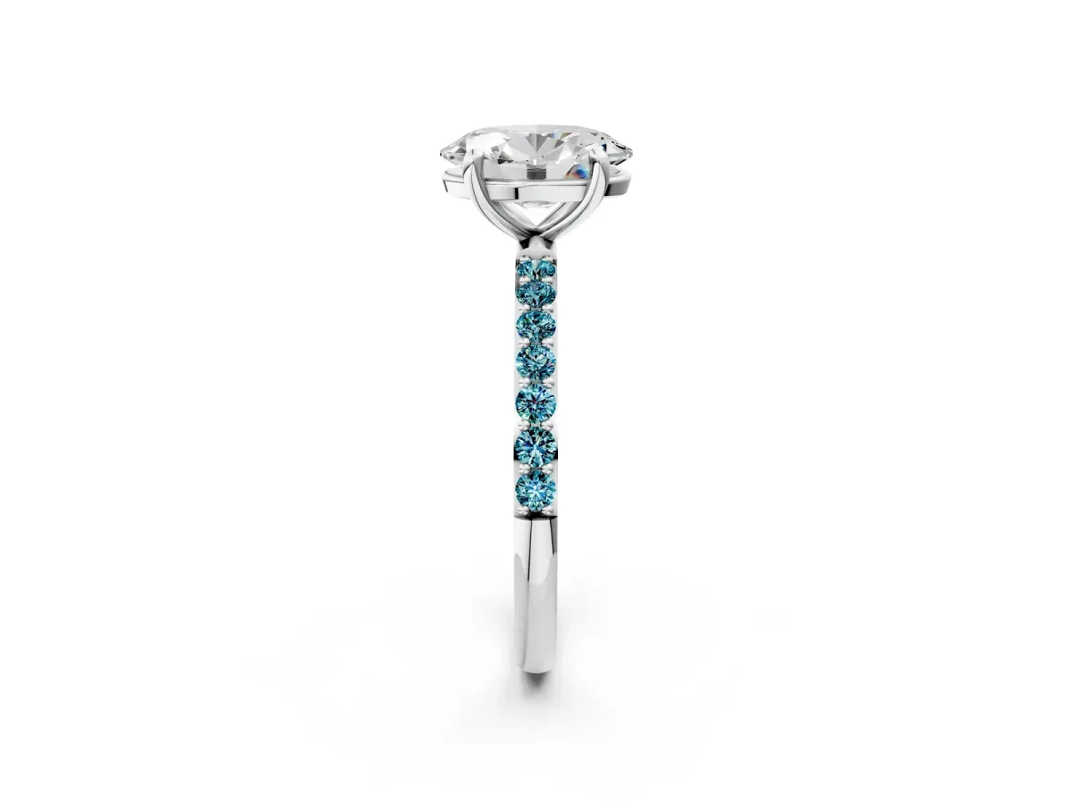 Oval Cut Diamond Solitaire Ring with Round Blue Topaz Pavé Band and Prong Setting Platinum
