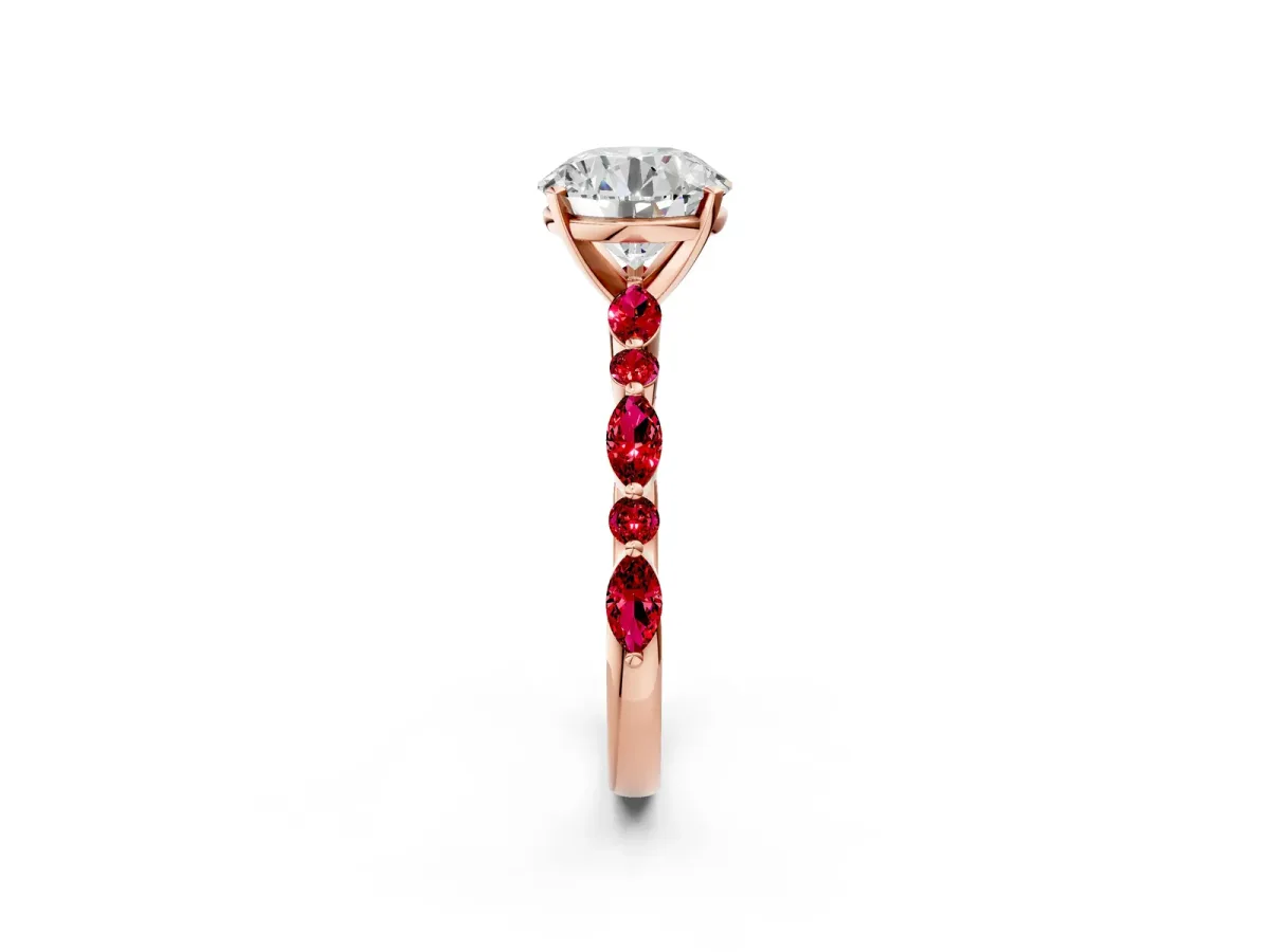 Round Cut Diamond Ring with Marquise and Round Ruby Side Stones and Four-Prong Setting Rose gold