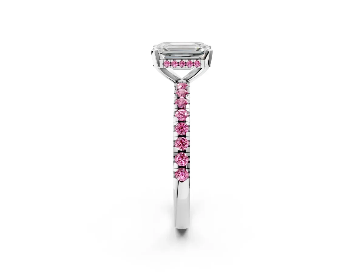 Emerald Cut Diamond Solitaire Ring with Round Pink Sapphire Pavé Band and Four-Prong Setting Platinum