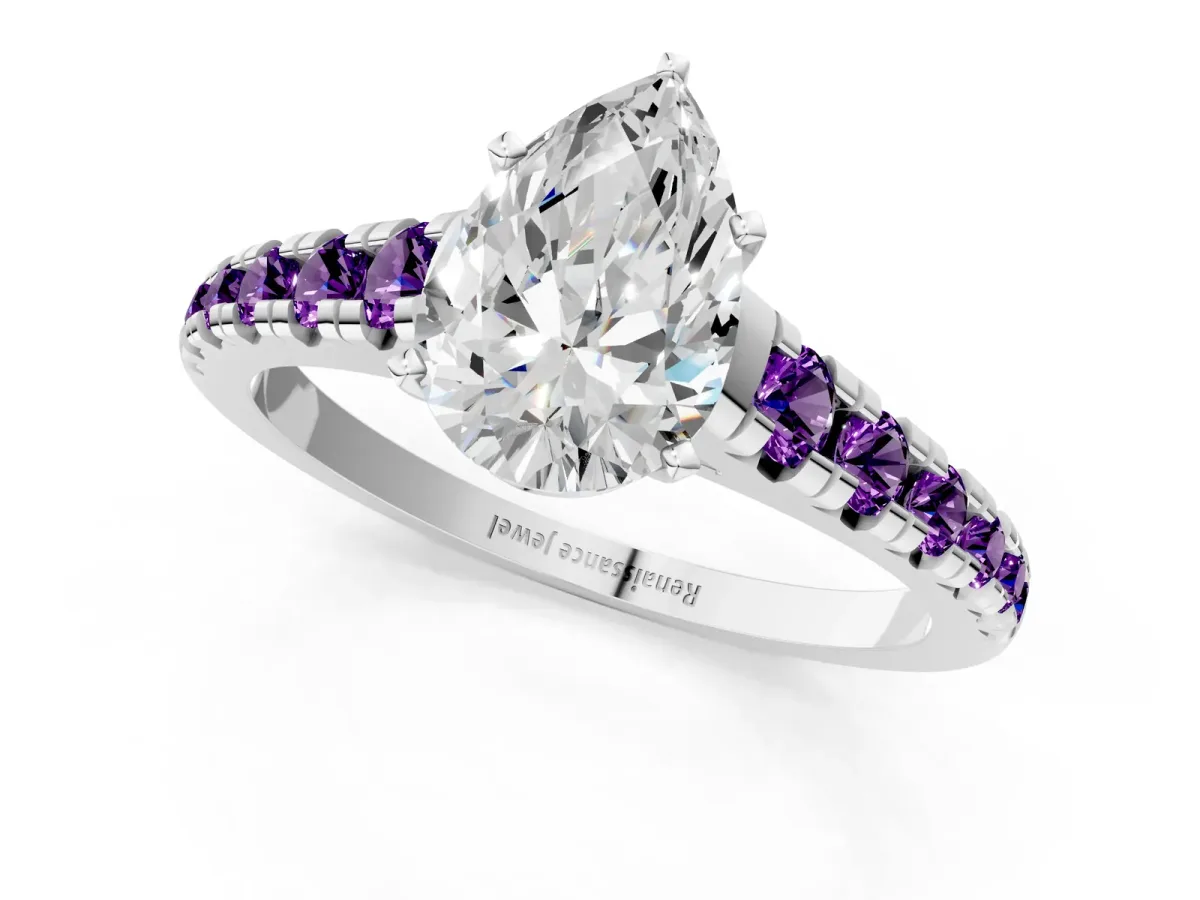 Pear Cut Diamond Cathedral Solitaire Ring with Round Amethyst Pavé Band Silver