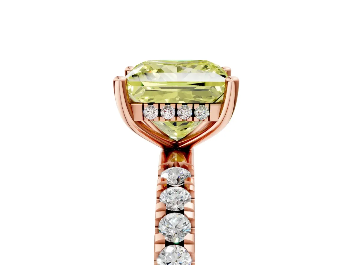 Fancy Yellow Princess Cut Diamond Pave Band Solitaire Ring with Round and Prong Setting Rose gold