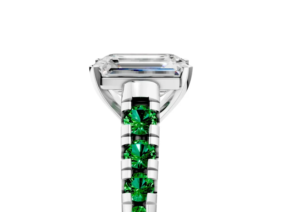 Emerald Cut Diamond Cathedral Solitaire Ring with Round Emerald Pavé Band White gold