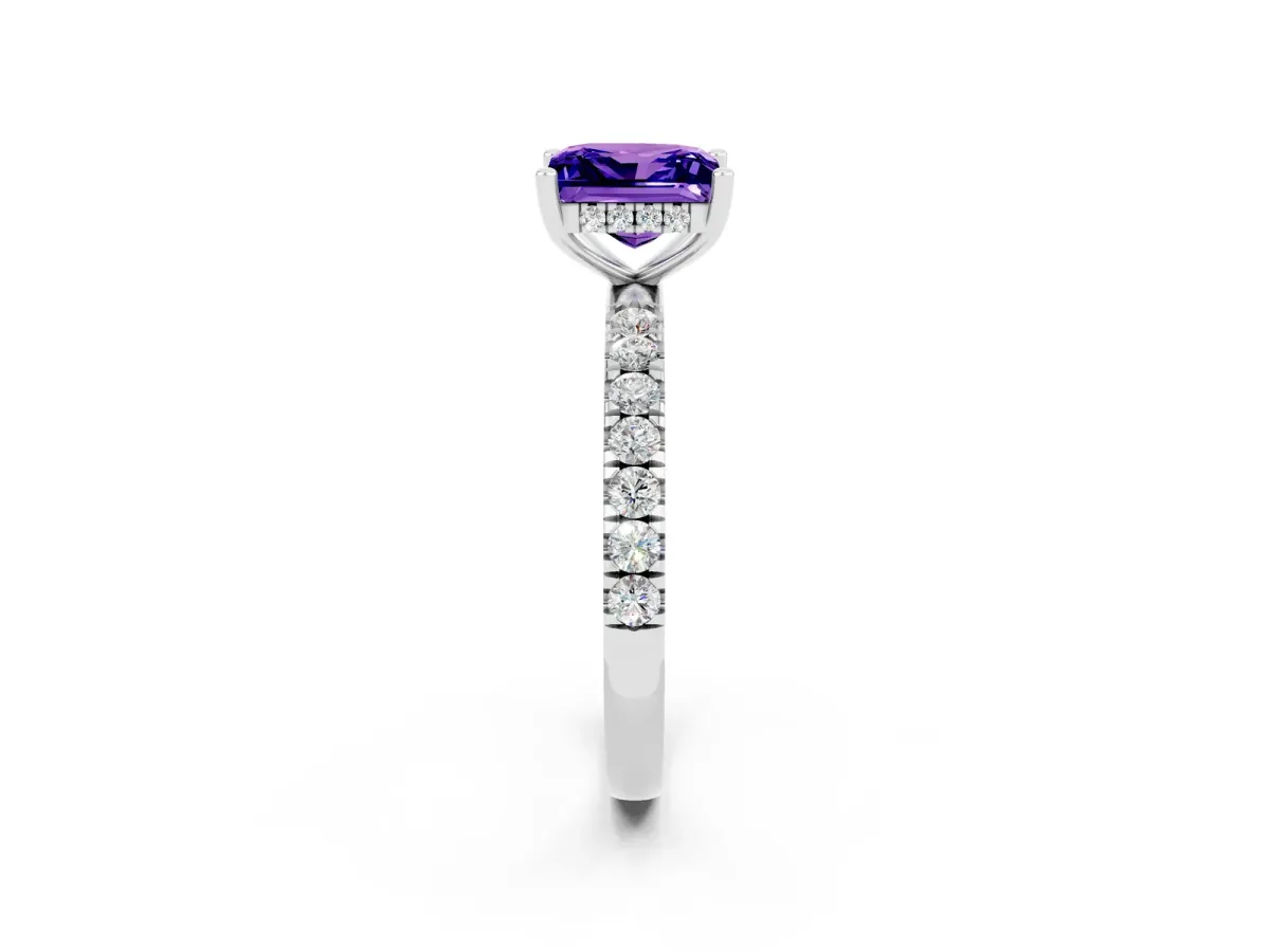 Princess Cut Tanzanite Pave Band Solitaire Ring with Round and Prong Setting Platinum