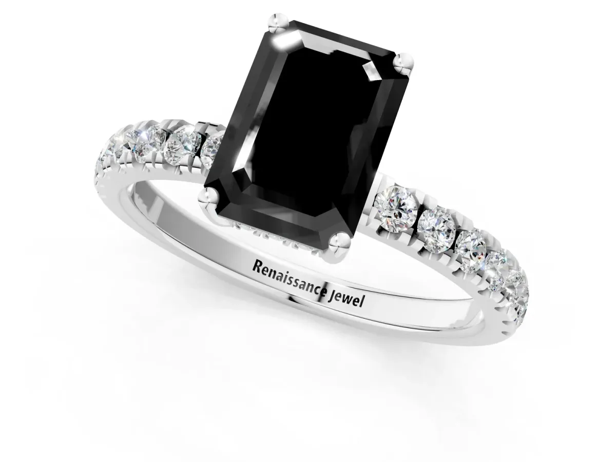 Fancy Black Emerald Cut Diamond Pave Band Solitaire Ring with Round and Prong Setting White gold