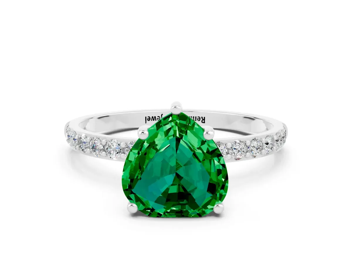 Heart Cut Emerald Solitaire Ring with Round Pavé Band and Prong Setting White gold