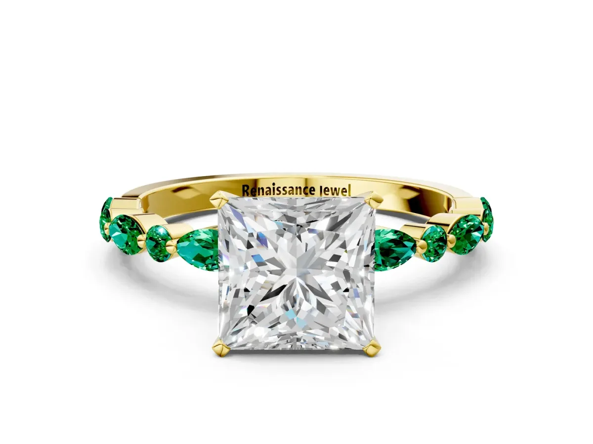 Princess Cut Diamond Ring with Marquise and Round Emerald Side Stones and Four-Prong Setting Yellow gold
