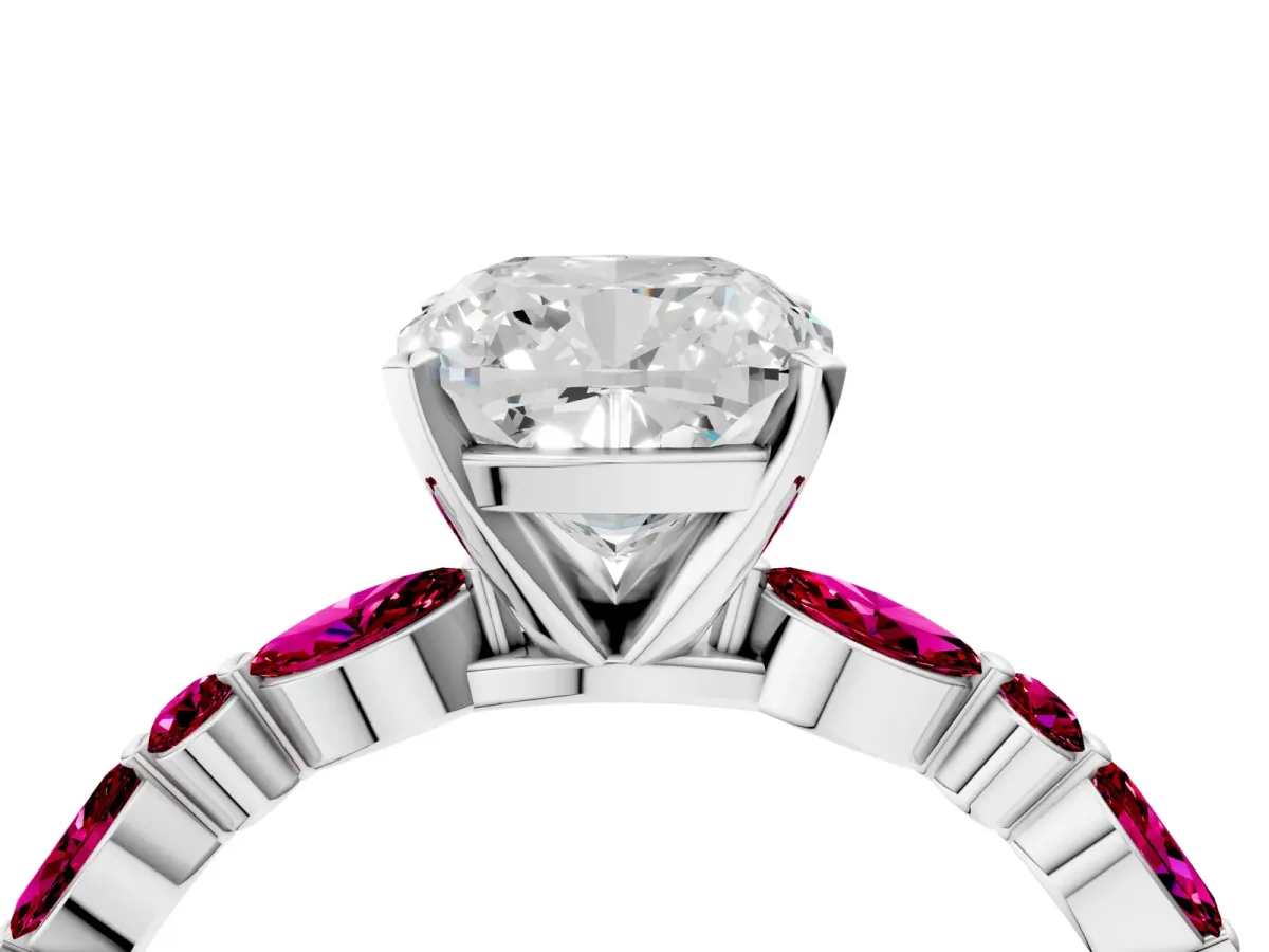 Cushion Cut Diamond Ring with Marquise and Round Garnet Side Stones and Four-Prong Setting Silver