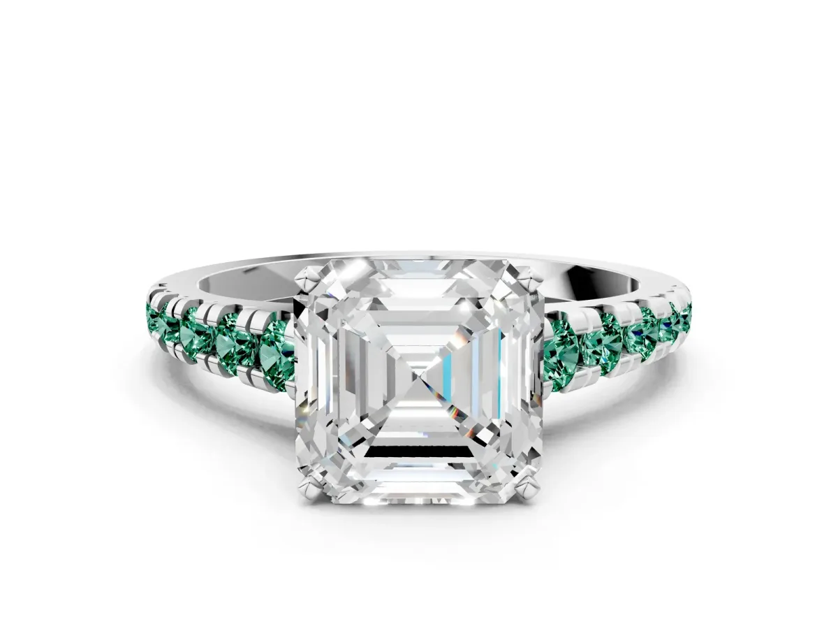 Asscher Cut Diamond Cathedral Solitaire Ring with Round Green Sapphire Pavé Band Silver