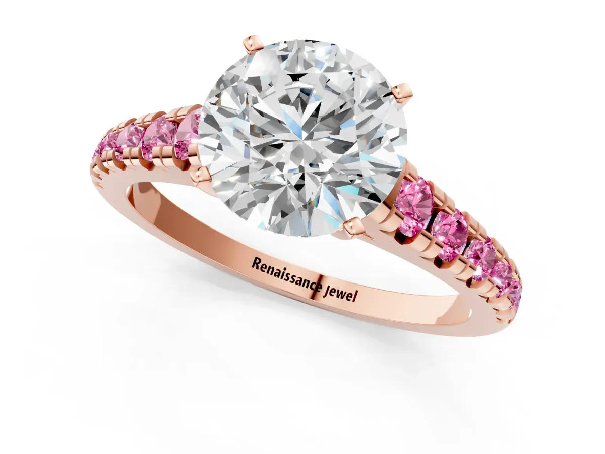 Round Cut Diamond Cathedral Solitaire Ring with Round Pink Sapphire Pavé Band Rose gold