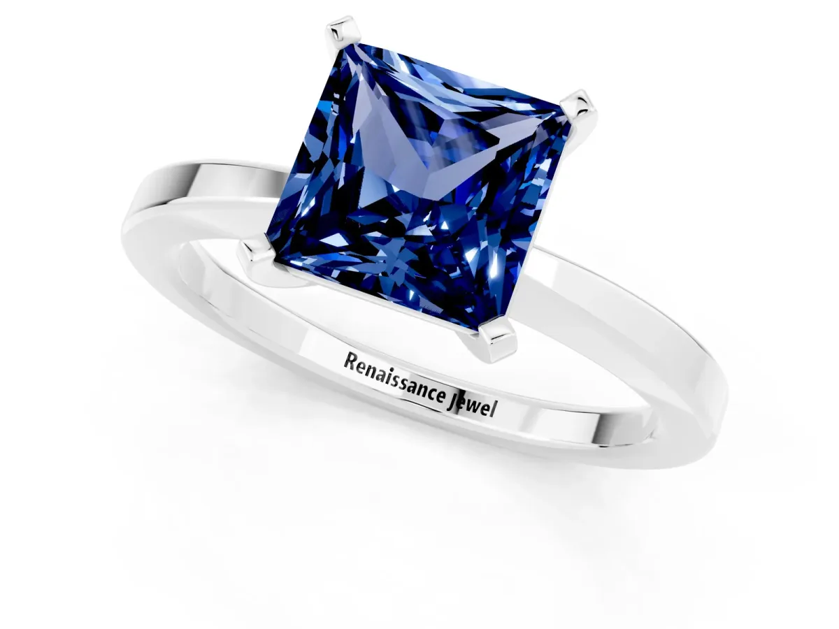 Princess Cut Blue Sapphire Solitaire Engagement Ring with Classic Band and Four-Prong Setting Silver