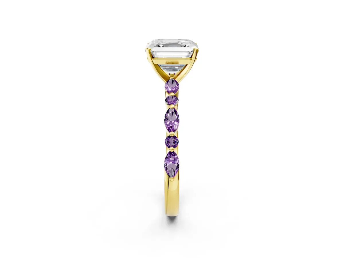 Asscher Cut Diamond Ring with Marquise and Round Amethyst Side Stones and Four-Prong Setting Yellow gold