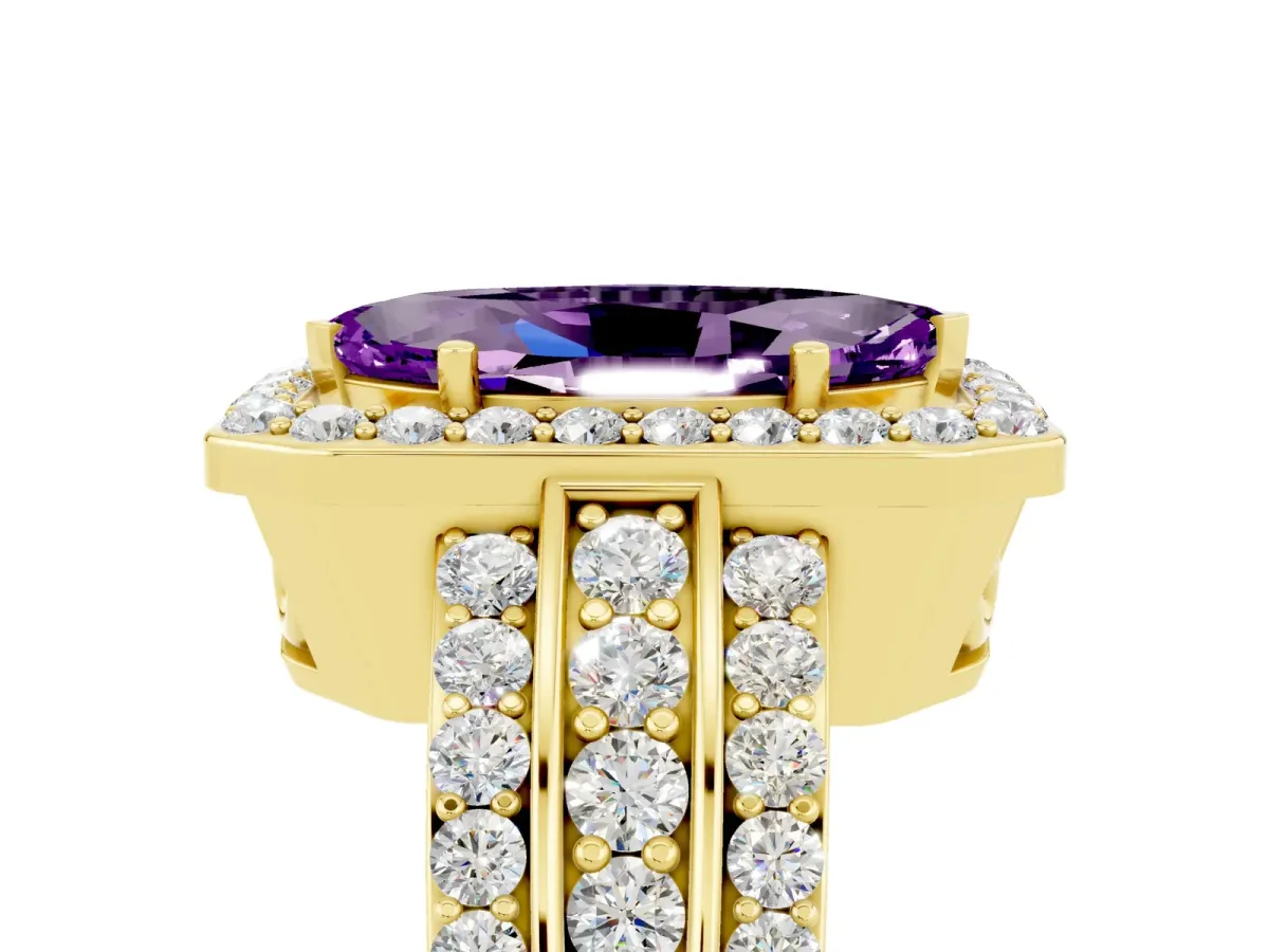 Marquise Cut Halo Amethyst Ring with Round Split Shank and Prong Setting Yellow gold