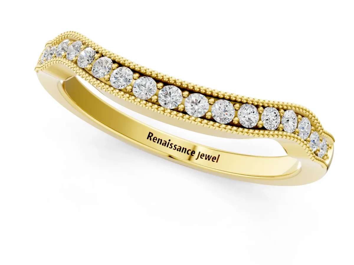 Curved Pavé Diamond Milgrain Band with Round Brilliant Stones Yellow gold