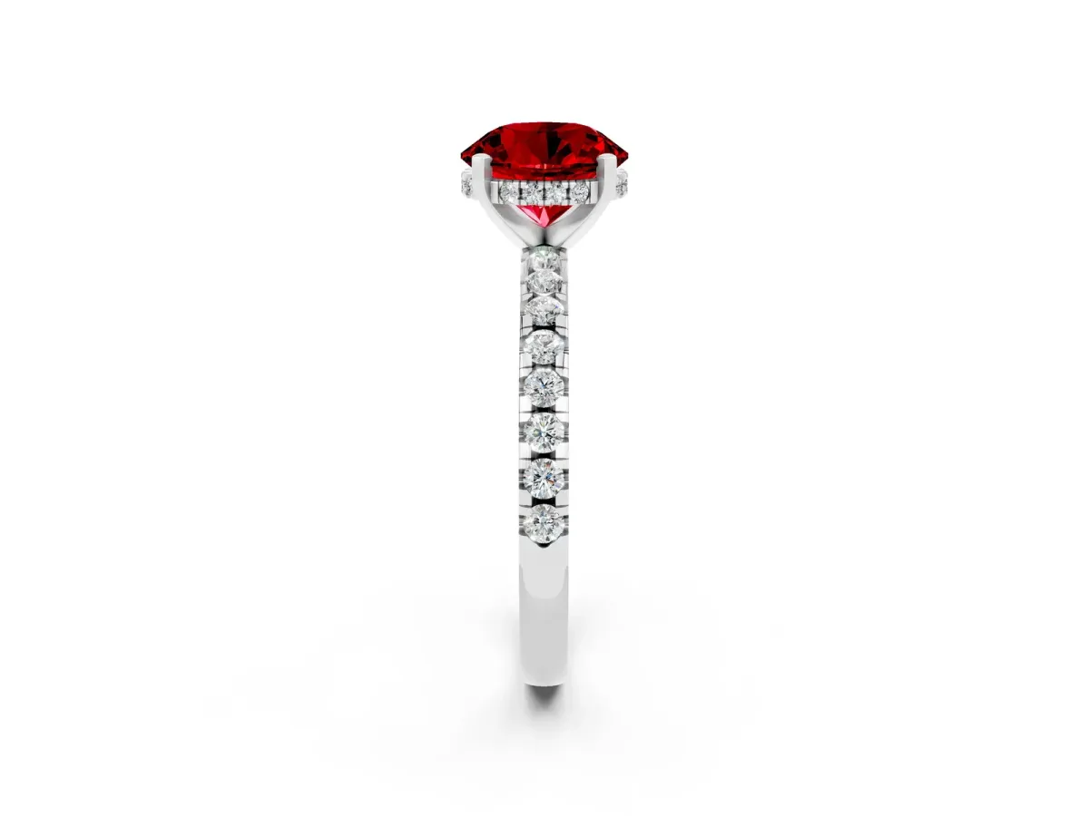 Round Cut Ruby Solitaire Ring with Round Pavé Band and Four-Prong Setting White gold
