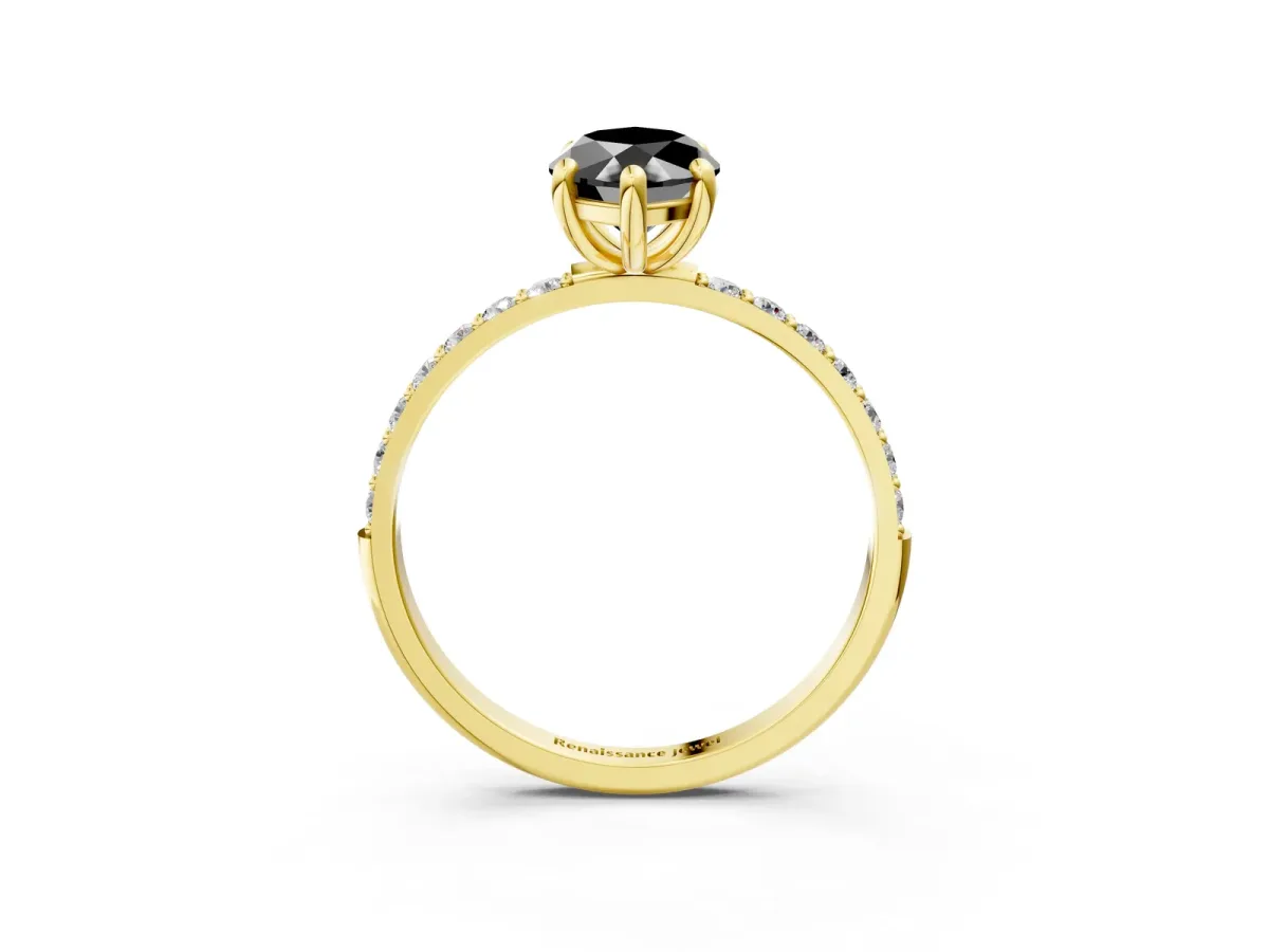 Fancy Black Marquise Cut Diamond Solitaire Ring with Round Pavé Band and Prong Setting Yellow gold