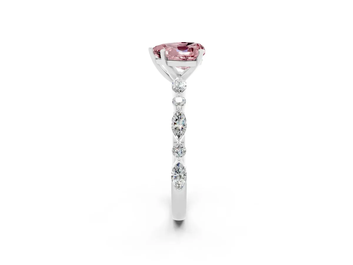 Heart Cut Morganite Ring with Marquise and Round Side Stones and Four-Prong Setting Silver
