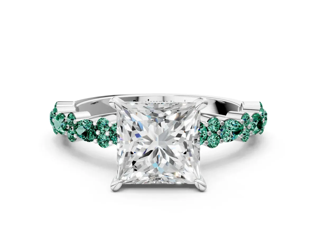 Princess Cut Diamond Side Stone Solitaire Ring with Round Green Sapphire and Four-Prong Setting Platinum