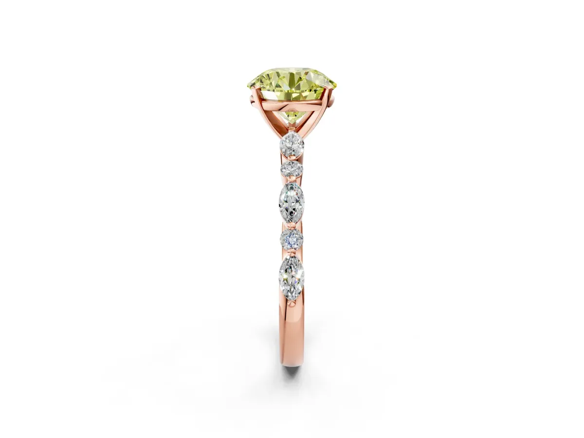 Fancy Yellow Round Cut Diamond Ring with Marquise and Round Side Stones and Four-Prong Setting Rose gold