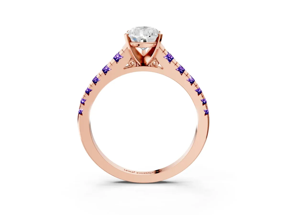 Pear Cut Diamond Cathedral Solitaire Ring with Round Tanzanite Pavé Band Rose gold