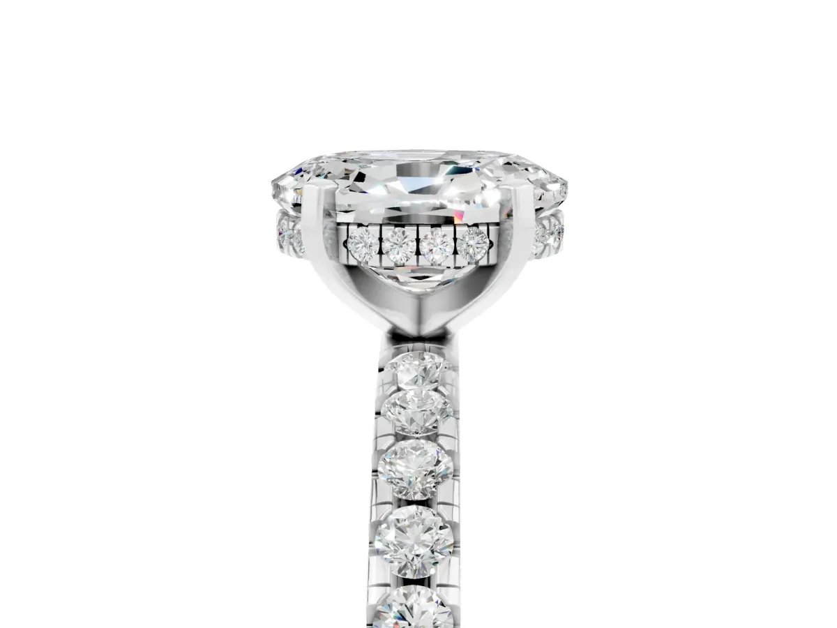 Oval Cut Moissanite Solitaire Ring with Round Pavé Band and Four-Prong Setting Platinum