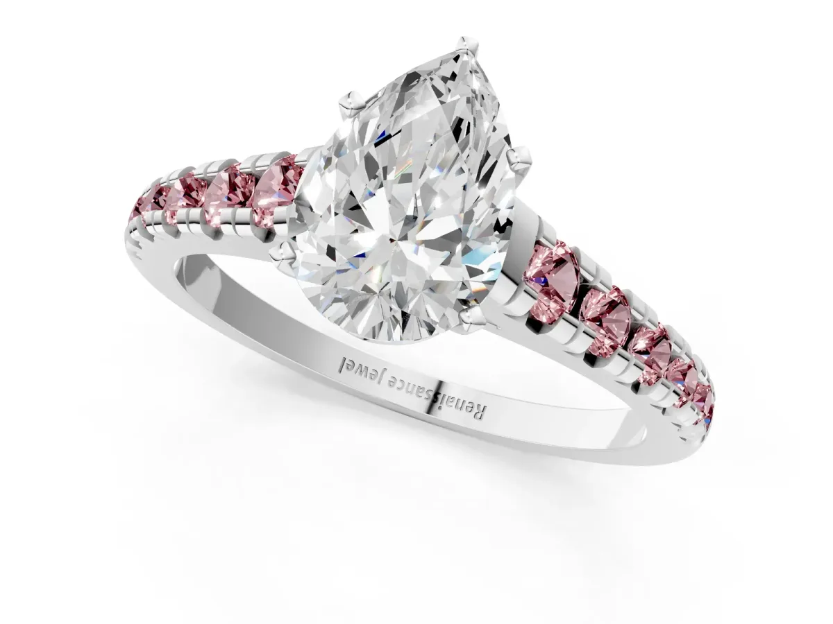 Pear Cut Diamond Cathedral Solitaire Ring with Round Morganite Pavé Band Silver