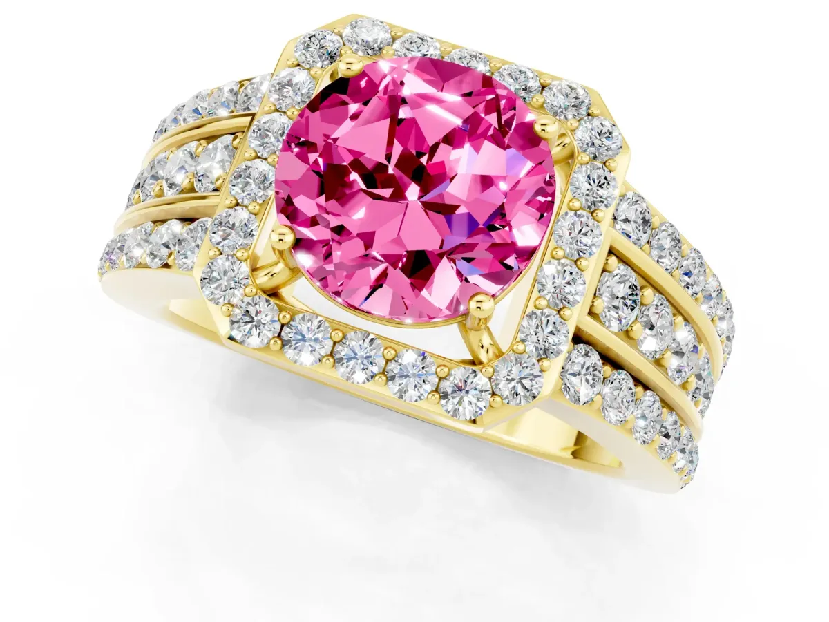 Round Cut Halo Pink Sapphire Ring with Round Split Shank and Prong Setting Yellow gold
