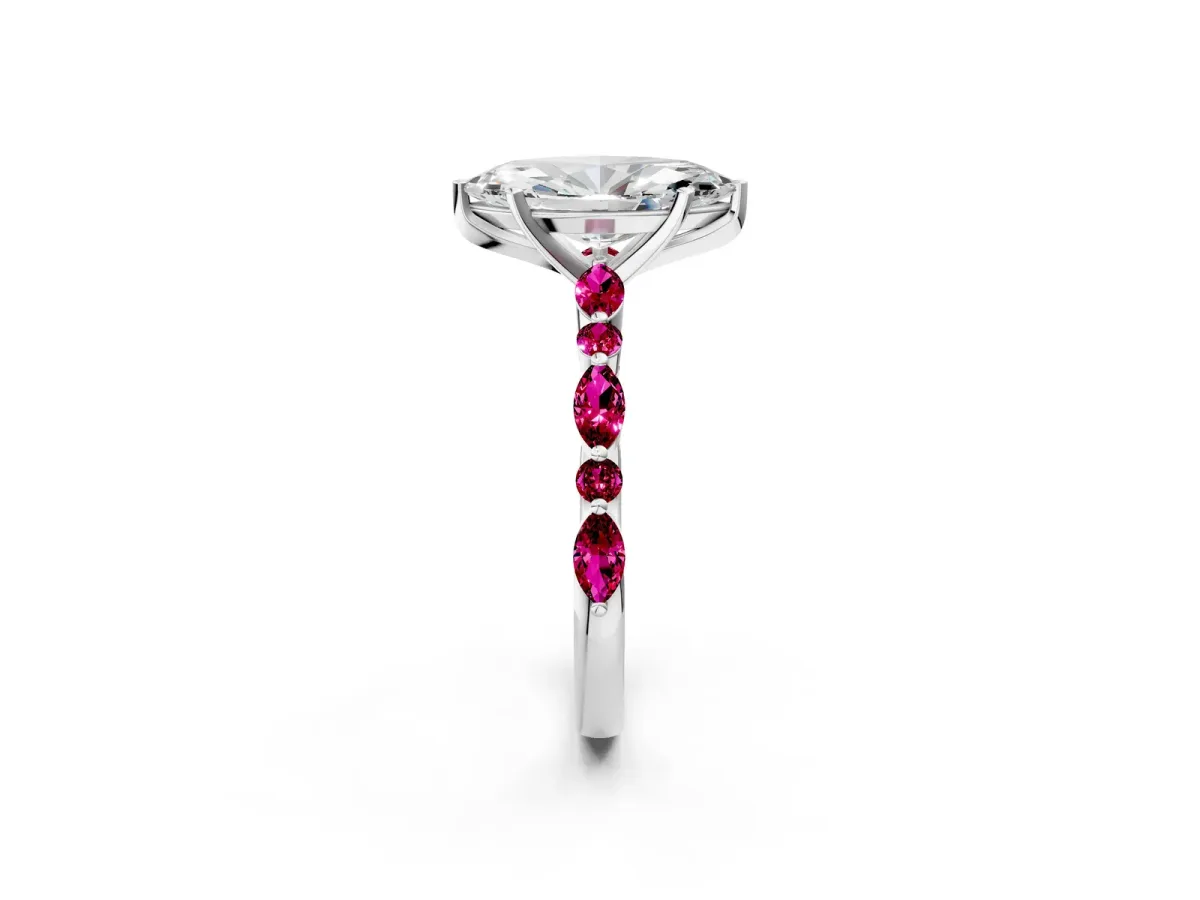 Marquise Cut Diamond Ring with Marquise and Round Garnet Side Stones and Four-Prong Setting Silver