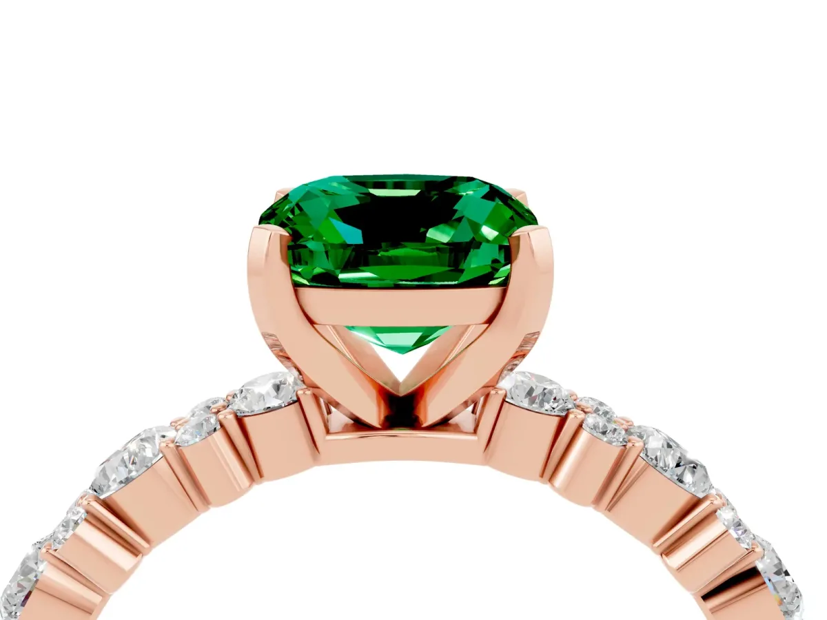 Cushion Cut Emerald Side Stone Solitaire Ring with Round and Four-Prong Setting Rose gold