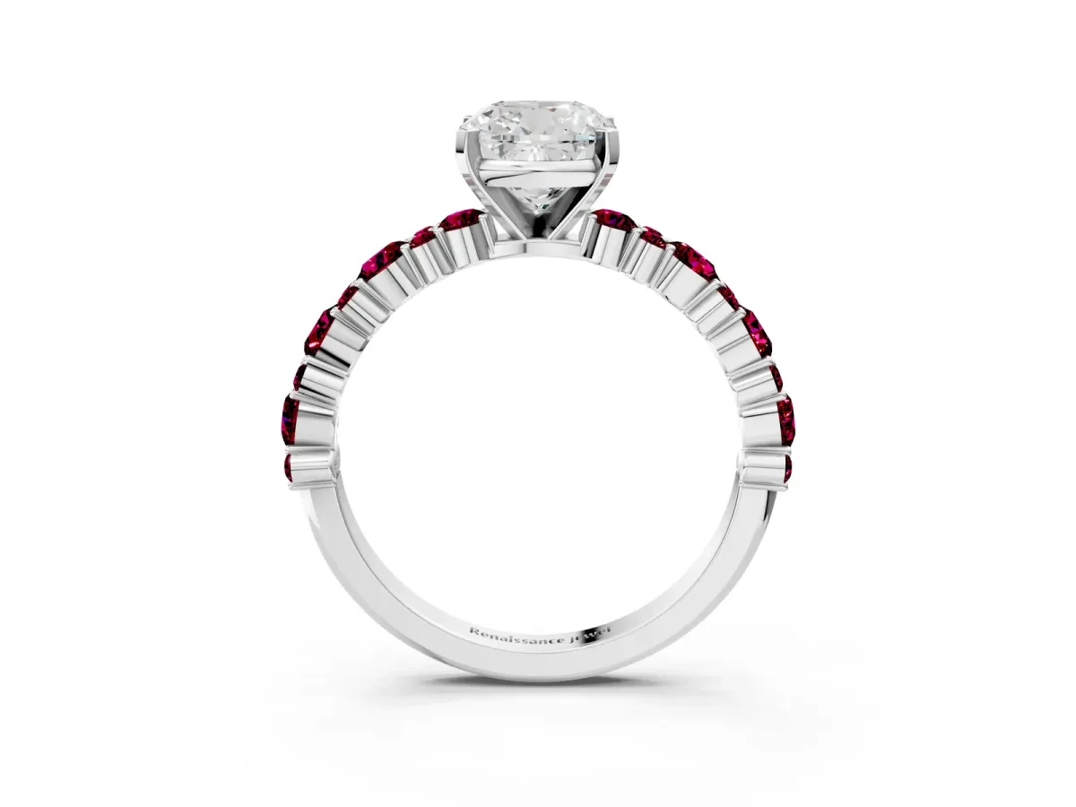 Cushion Cut Diamond Side Stone Solitaire Ring with Round Garnet and Four-Prong Setting Platinum