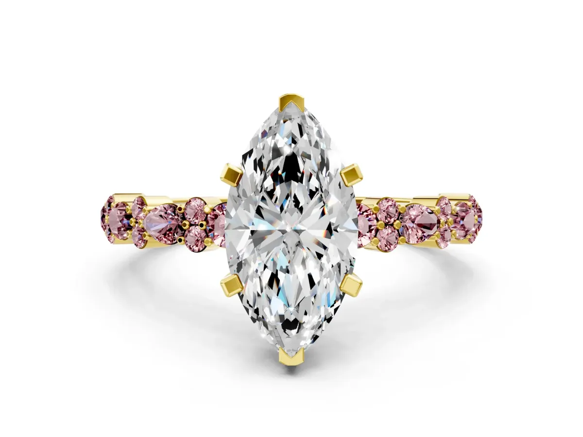 Marquise Cut Diamond Side Stone Solitaire Ring with Round Morganite and Four-Prong Setting Yellow gold