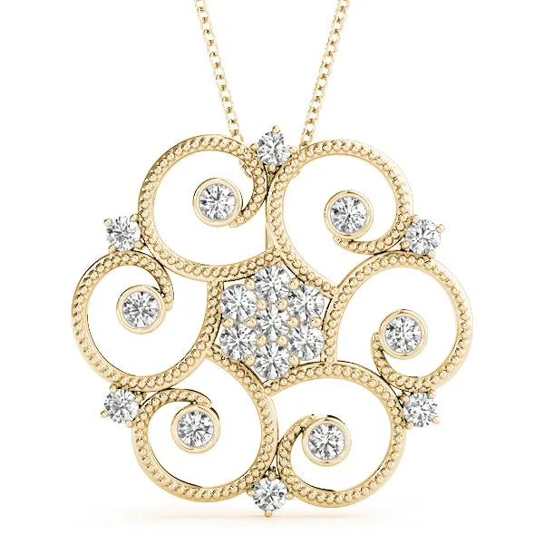 Milgrain Diamond Round Swirl Pendant with Prong Setting Yellow gold